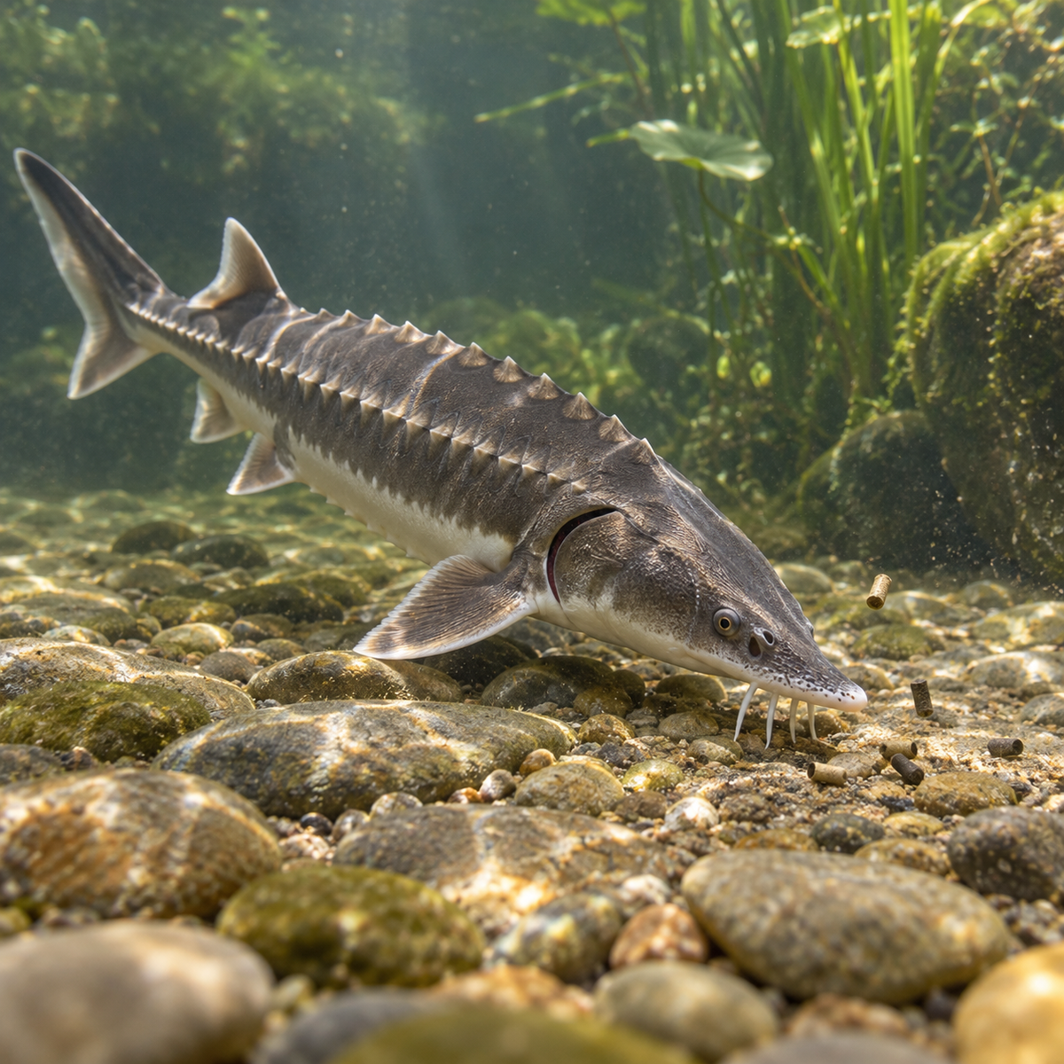 Mise en situation générée : esturgeon prenant des granulés coulants près du fond du bassin.