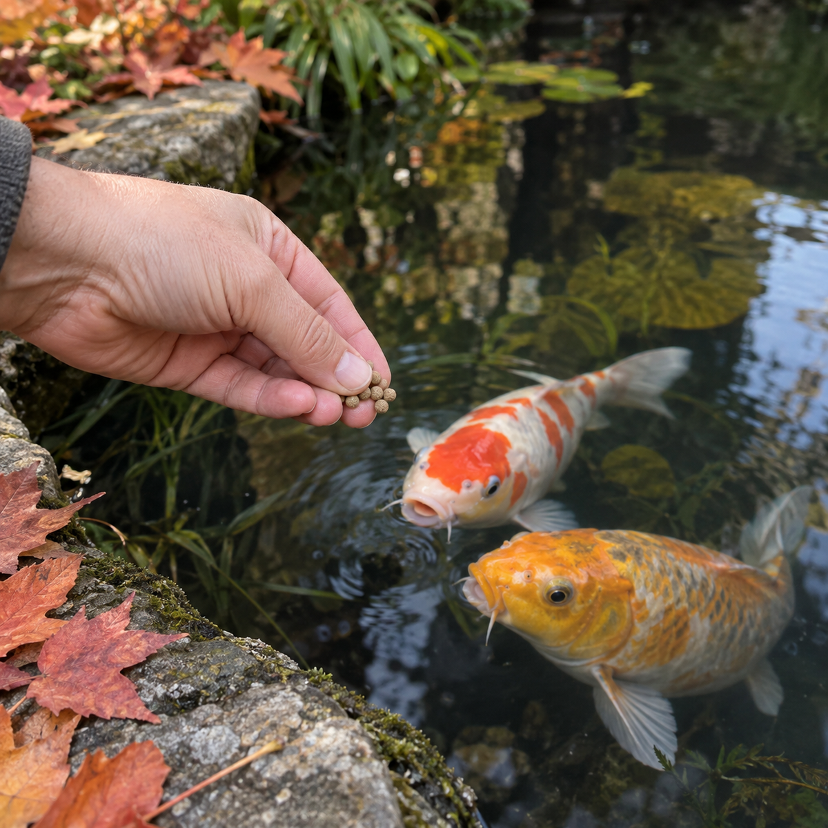 Mise en situation générée : nourrissage des koïs avec un aliment flottant de saison fraîche, en automne.