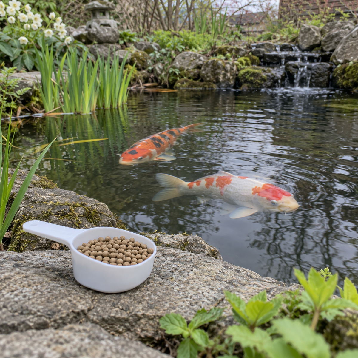Mise en situation générée : ration de granulés Wheat-Germ préparée au bord d’un bassin au printemps.