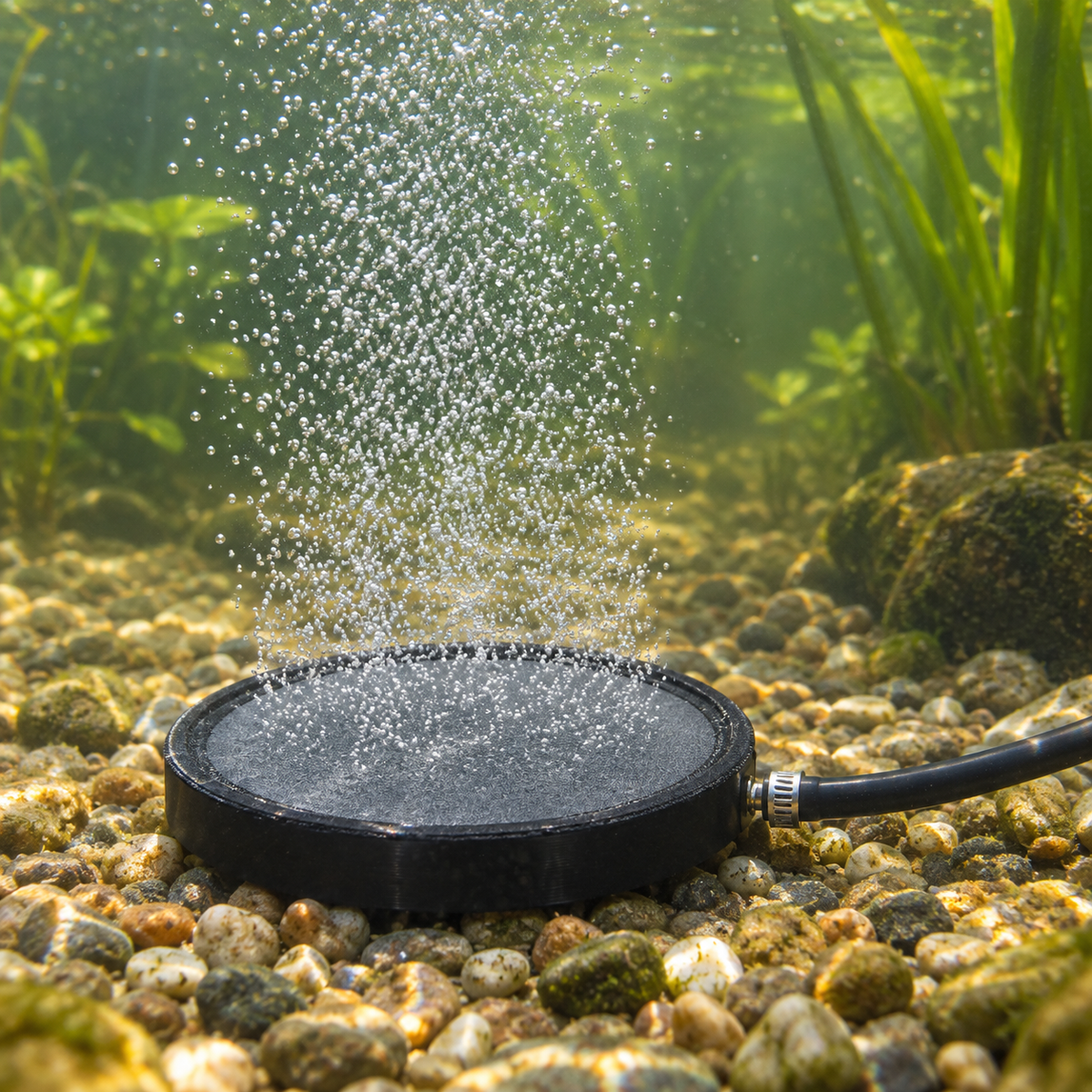 Mise en situation générée : gros plan d’un diffuseur à disque immergé et de ses bulles d’air.