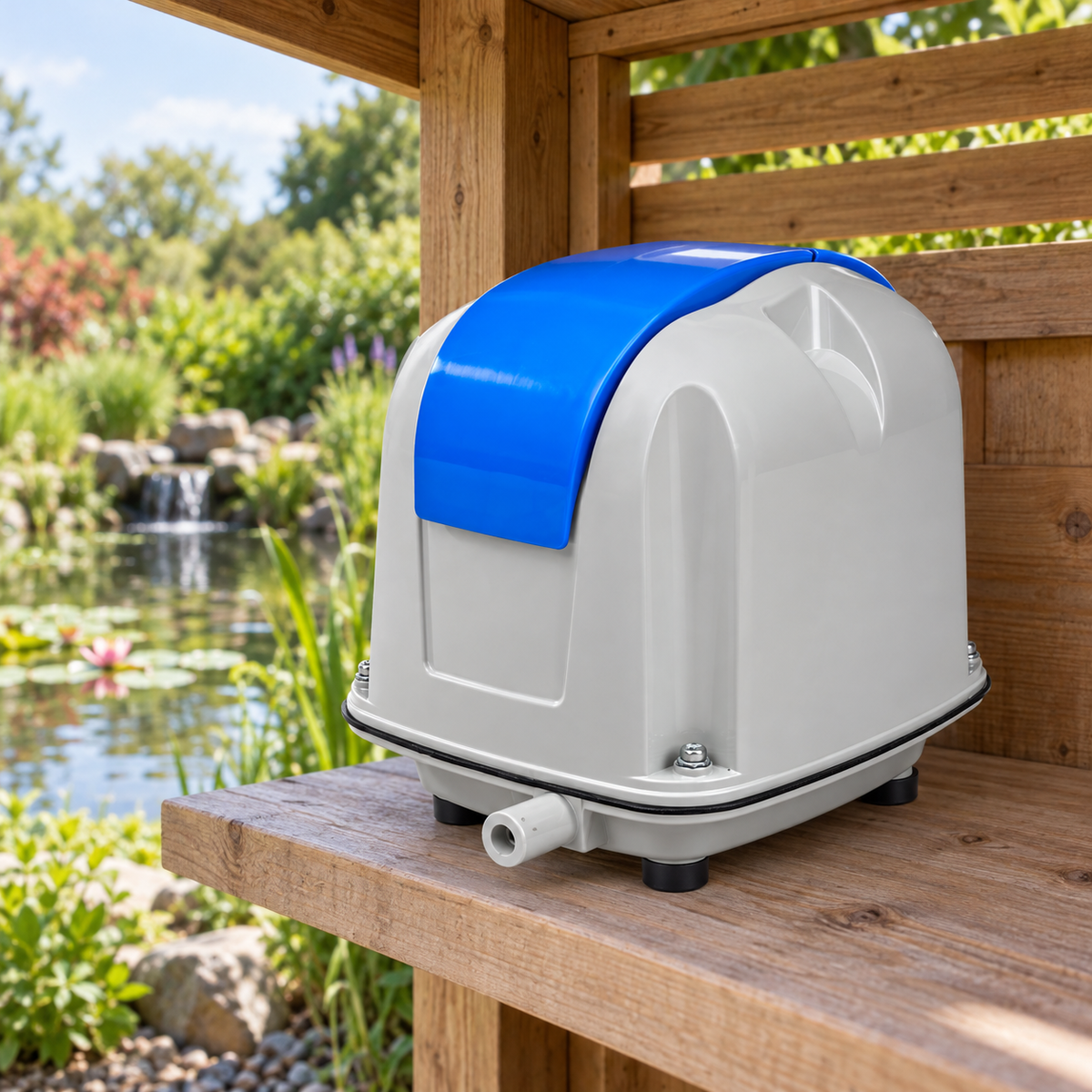 Mise en situation générée : compresseur Pro Air à capot bleu placé au sec sous abri ventilé.