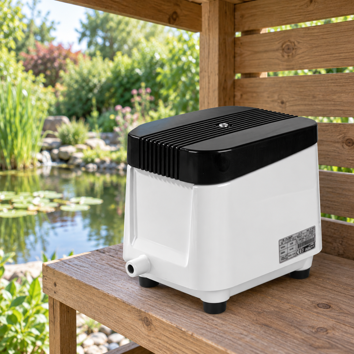 Mise en situation générée : compresseur Pro Air à capot noir placé au sec sous abri ventilé.