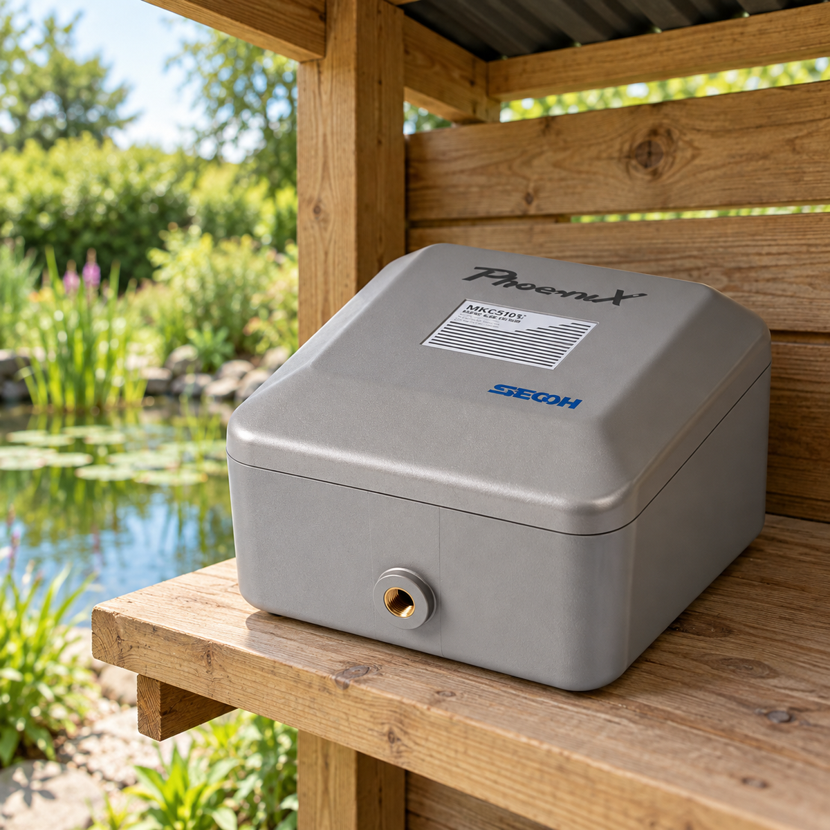 Mise en situation générée : pompe Secoh du kit n°1 placée sur un support sec sous abri ventilé.