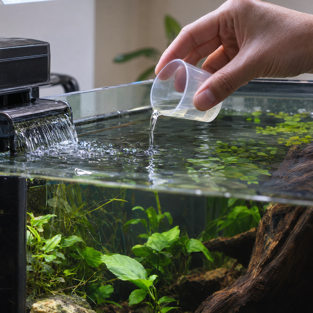 Mise en situation générée : ajout d’une dose de bactéries liquides dans l’eau d’un aquarium.