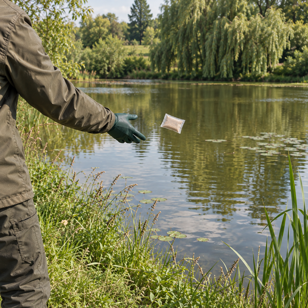 Bacto Lake : illustration du lancement d’un sachet fermé dans un étang naturel, avec port de gants.