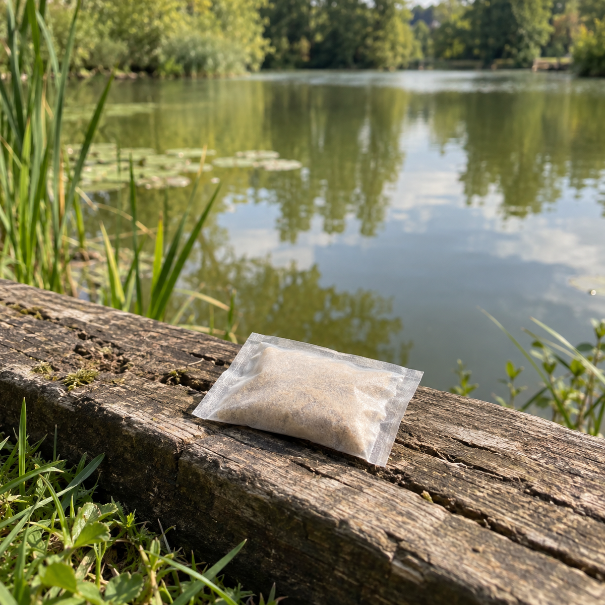 Bacto Lake : illustration d’un sachet hydrosoluble fermé au bord d’un étang naturel.