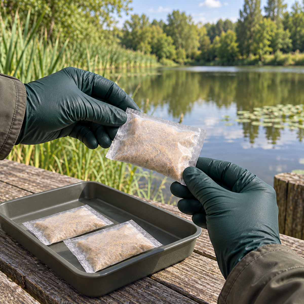 Mise en situation générée : préparation des sachets Bacto Lake au sec avant utilisation.