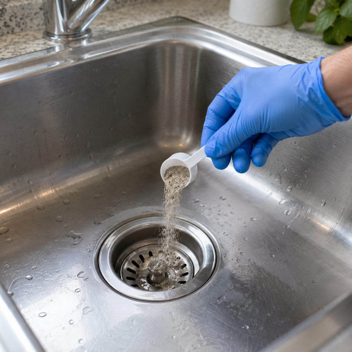 Mise en situation générée : application de poudre biologique dans la canalisation d’un évier.