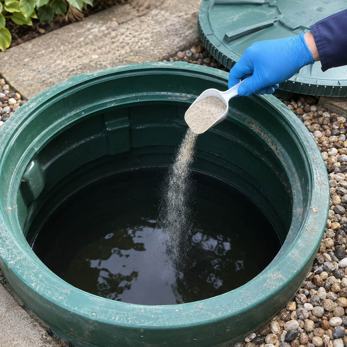 Mise en situation générée : application de poudre dans une citerne à eau de pluie, depuis l’extérieur.