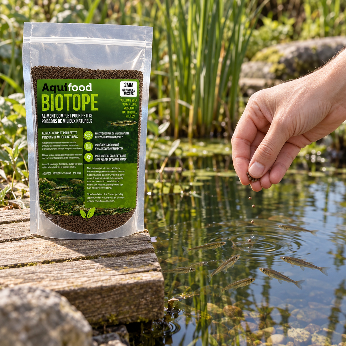 Mise en situation générée : distribution d’une petite quantité de granulés Biotope aux petits poissons de bassin.
