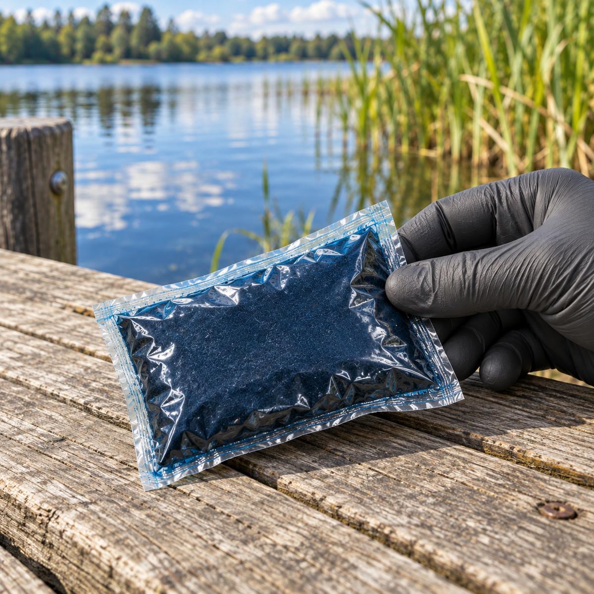 Mise en situation générée : gros plan d’un sachet soluble Blue Lake fermé, au bord d’un étang.