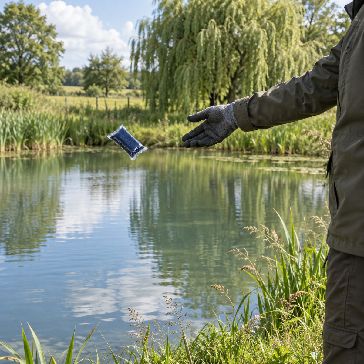 Blue Lake : illustration du lancement d’un sachet bleu fermé dans un étang naturel.