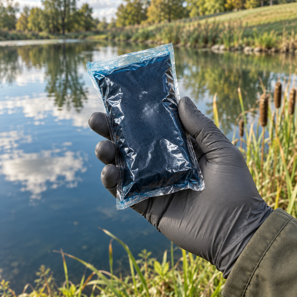 Blue Lake : illustration du sachet hydrosoluble de colorant bleu tenu avec un gant sec.