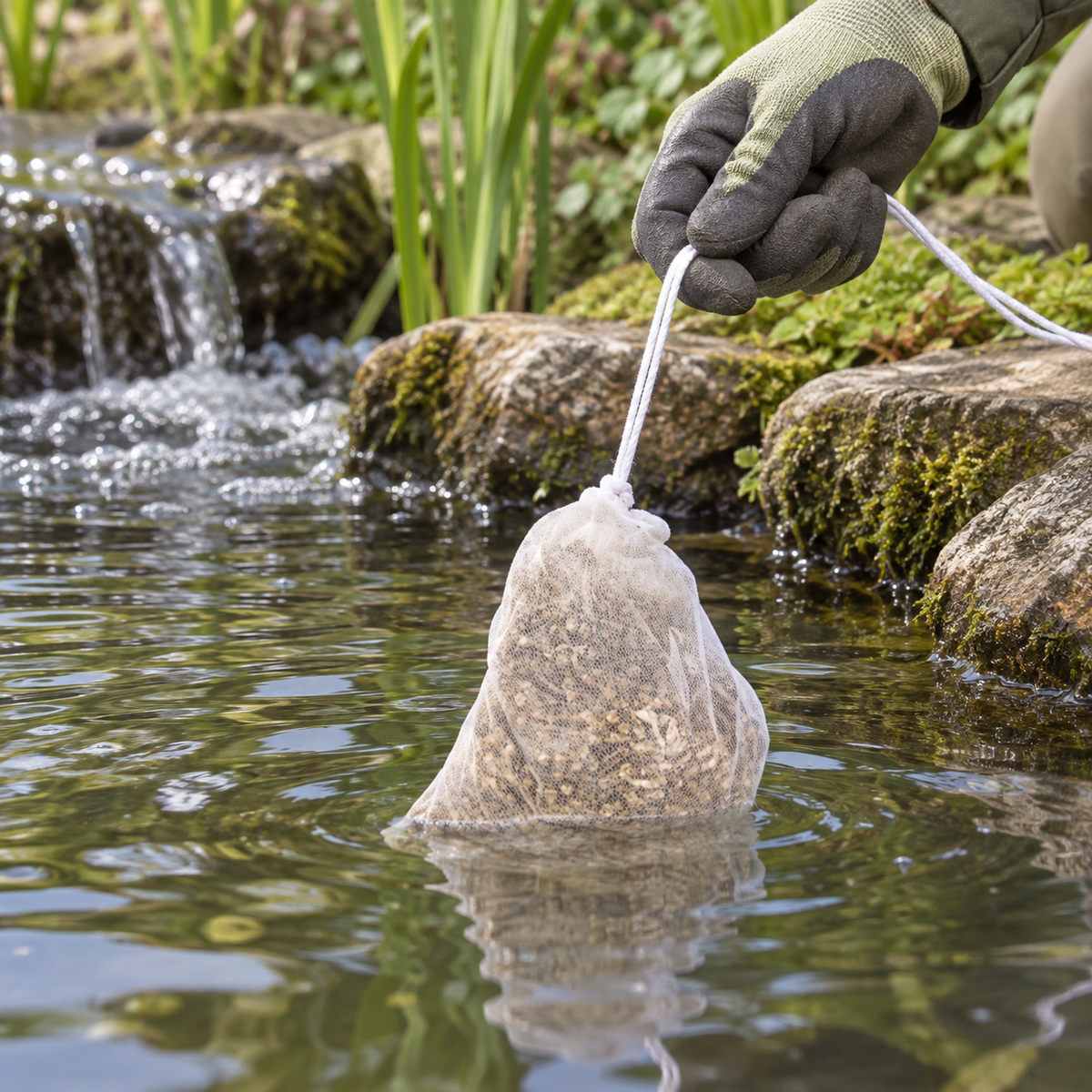 Mise en situation générée : installation du filet de paille d’orge dans une zone brassée du bassin.