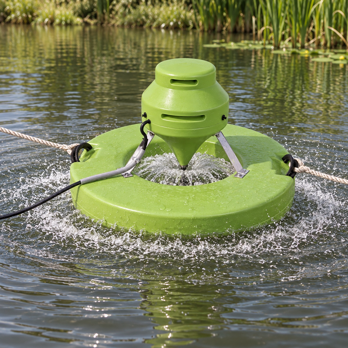 Mise en situation générée : émulseur flottant Aquitechnics vert amarré dans un étang naturel.