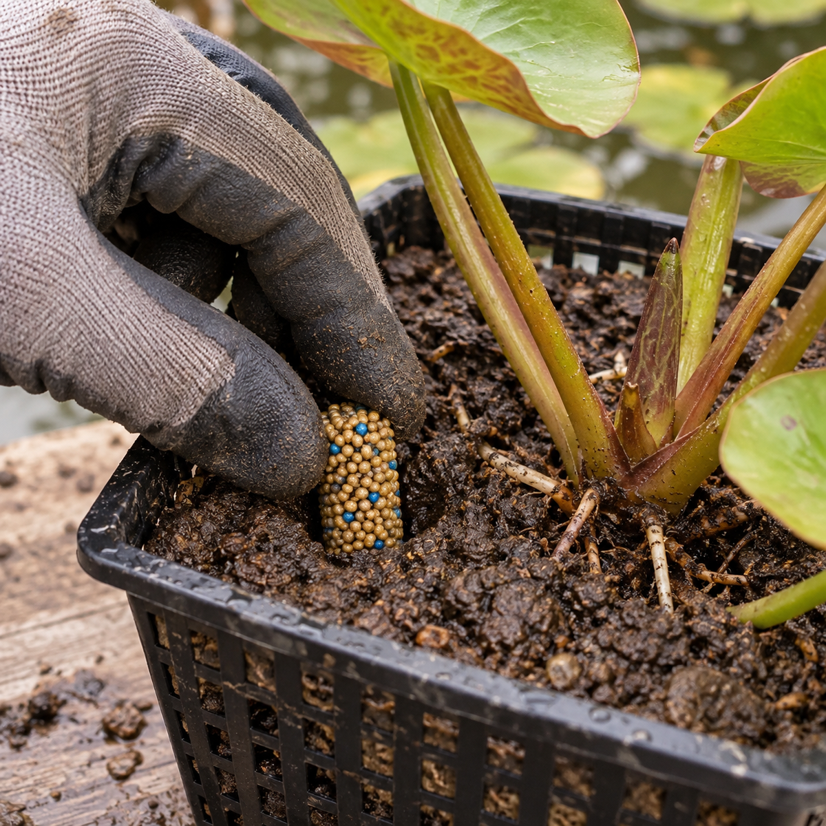 Mise en situation générée : placement d’un comprimé Plant Booster au pied d’un nénuphar dans son panier.