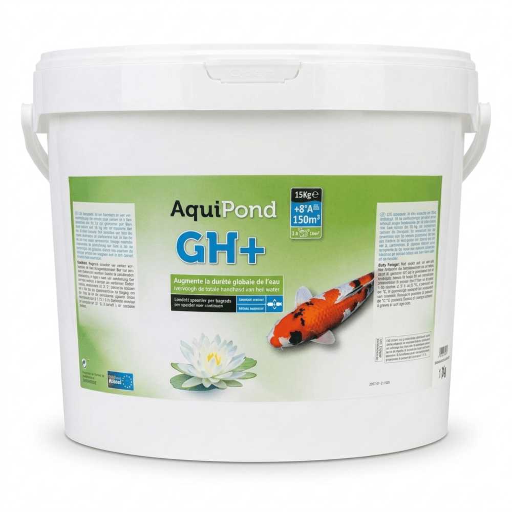 Aquipond GH+ 15 kg, vue du seau et de son étiquette
