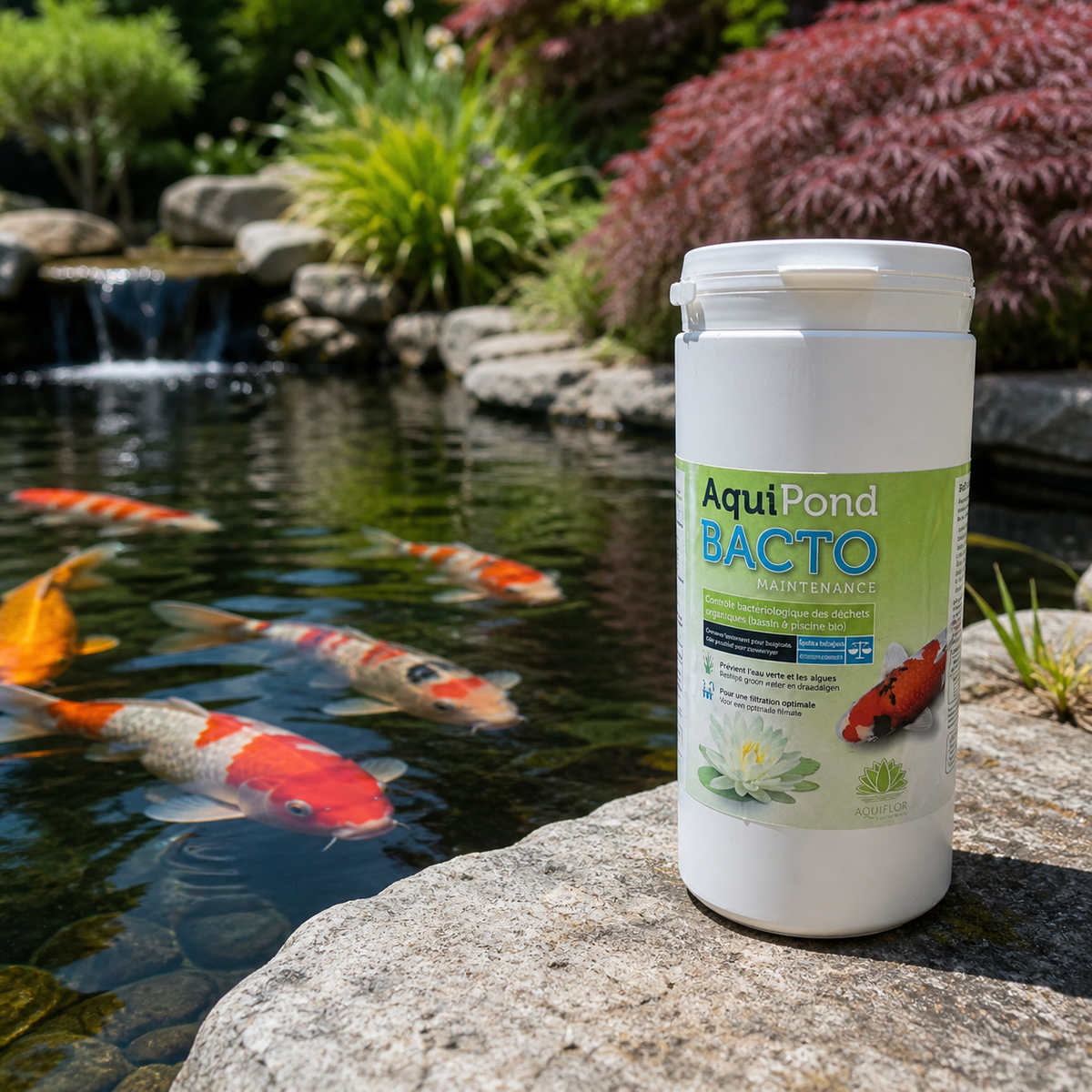 Aquipond Bacto Maintenance 1 kg près d’un bassin à koïs
