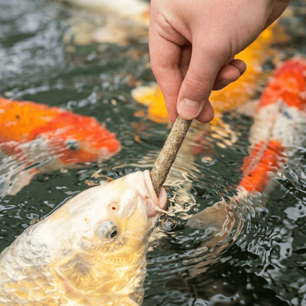 Distribution d’un Aquifood Koi Stick à une carpe koï à la surface du bassin