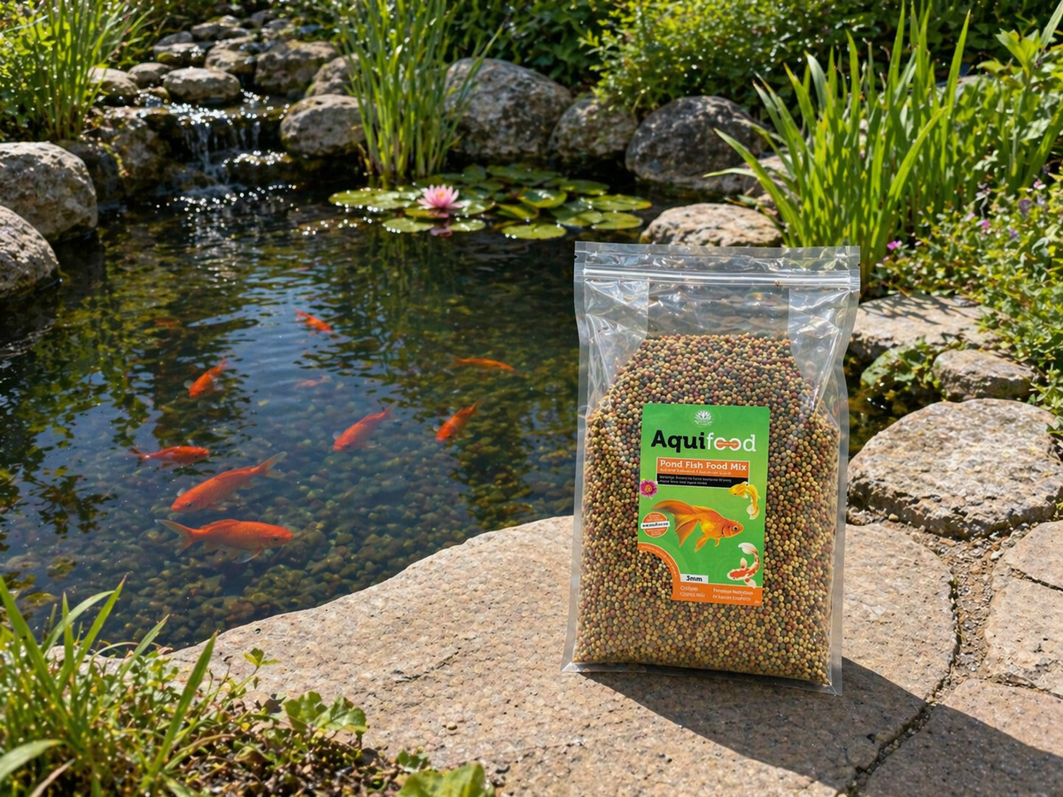 Sachet Aquifood Goldfish Mix 3 mm de 1,8 kg au bord du bassin