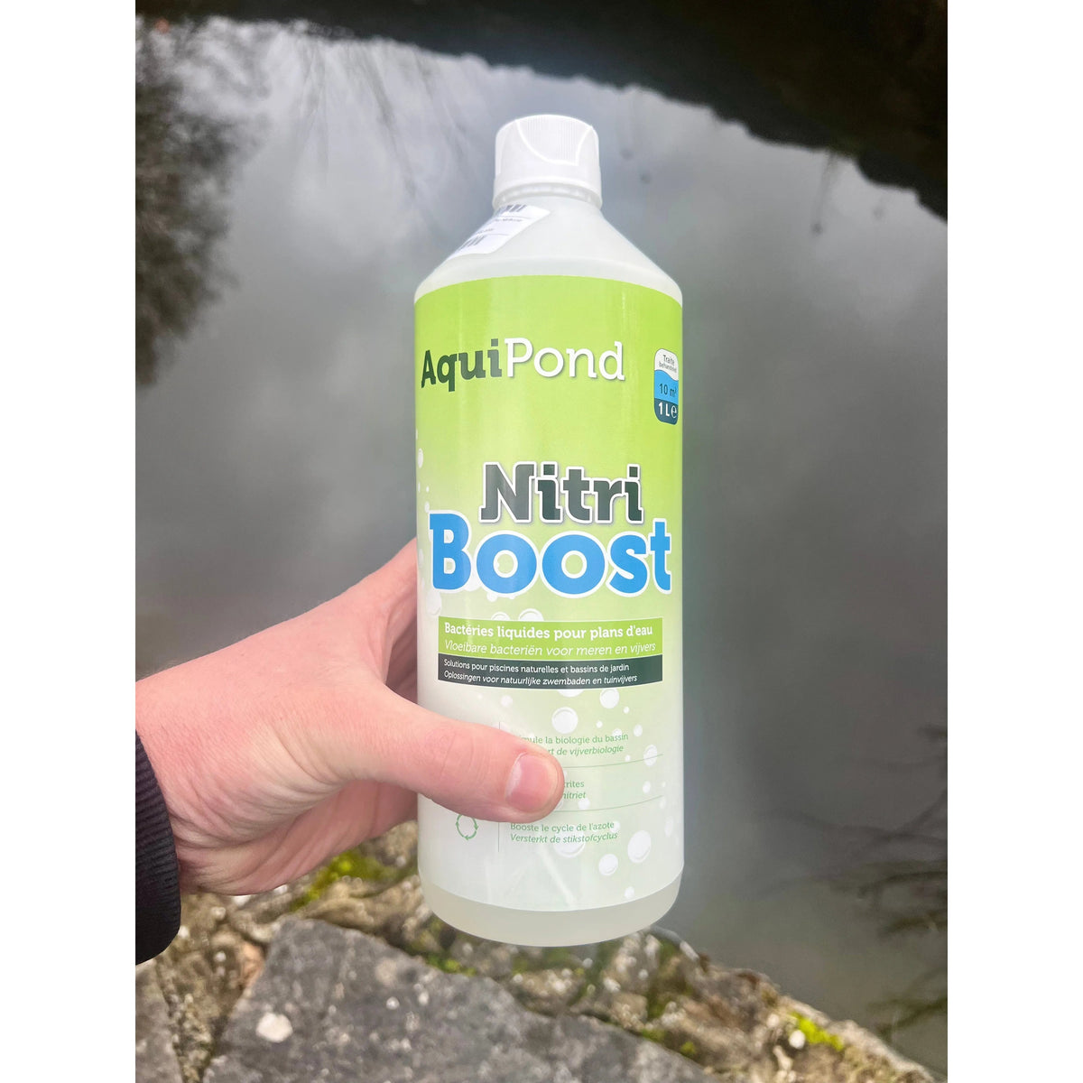 Flacon Aquipond NitriBoost 1 litre tenu au-dessus du bassin