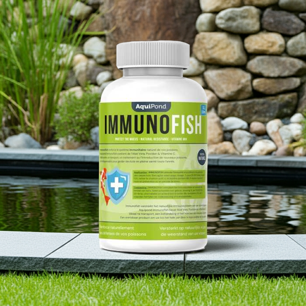 Flacon Aquipond Immunofish 1 litre près d’un bassin de jardin