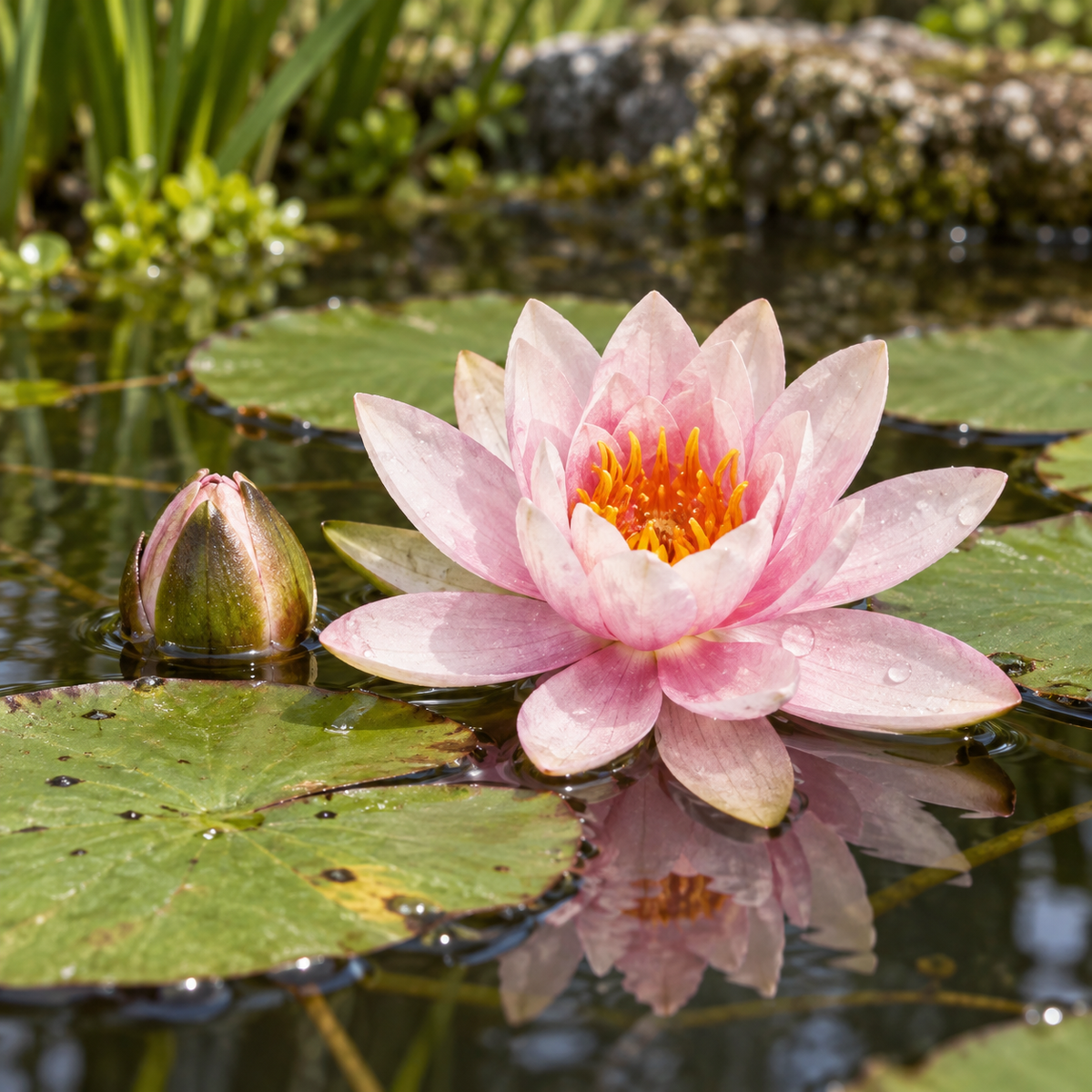 Mise en situation générée : floraison illustrative d’un nénuphar rose à la surface d’un bassin.