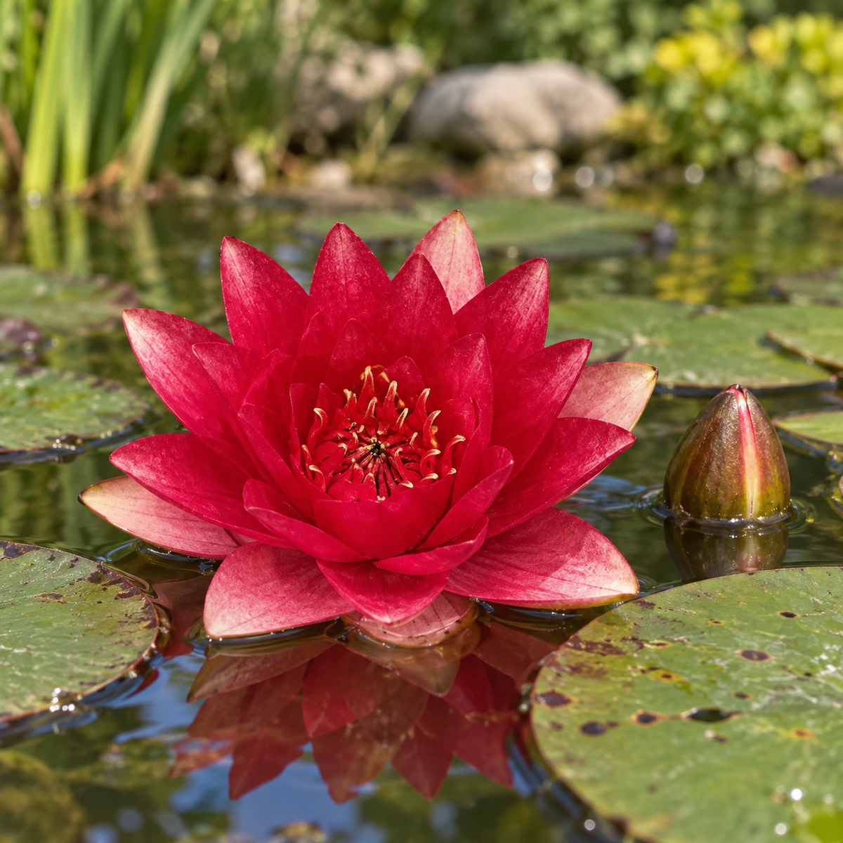 Mise en situation générée : floraison illustrative d’un nénuphar rouge à la surface d’un bassin.