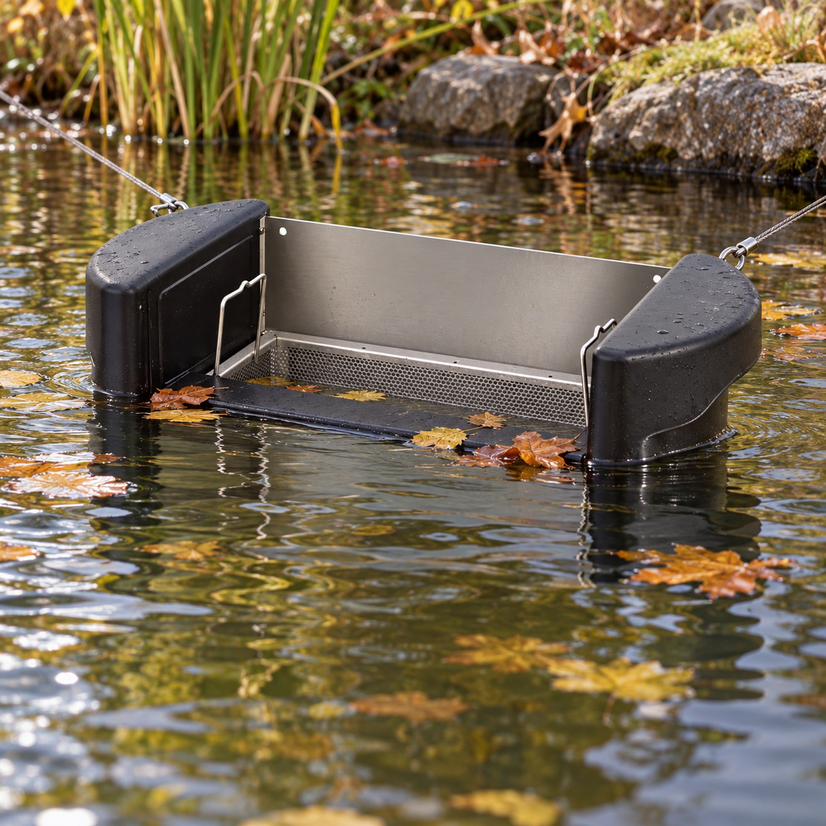 Mise en situation générée : OASE Skimmer 250 installé à la surface d’un bassin en automne.
