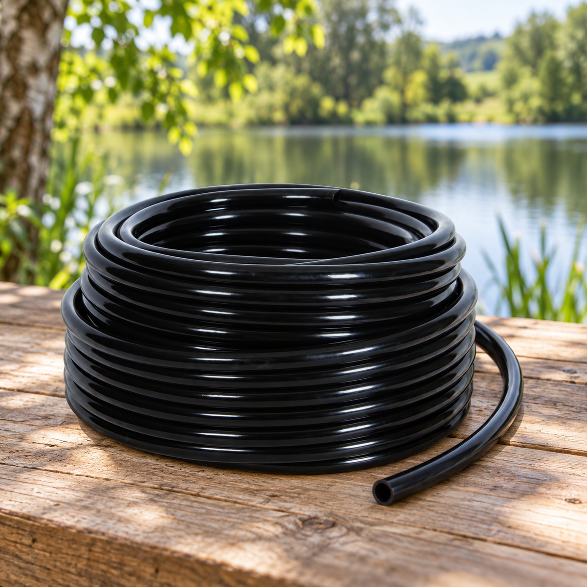 Mise en situation générée : couronne de tuyau OASE SubFlo Tubing L préparée près d’un plan d’eau.