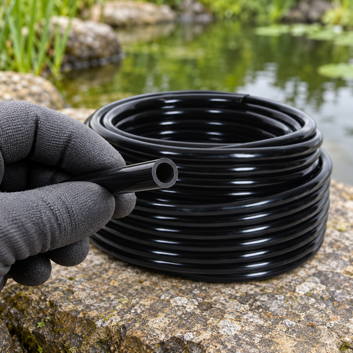 Mise en situation générée : détail de l’extrémité du tuyau OASE SubFlo Tubing L tenu avec un gant.