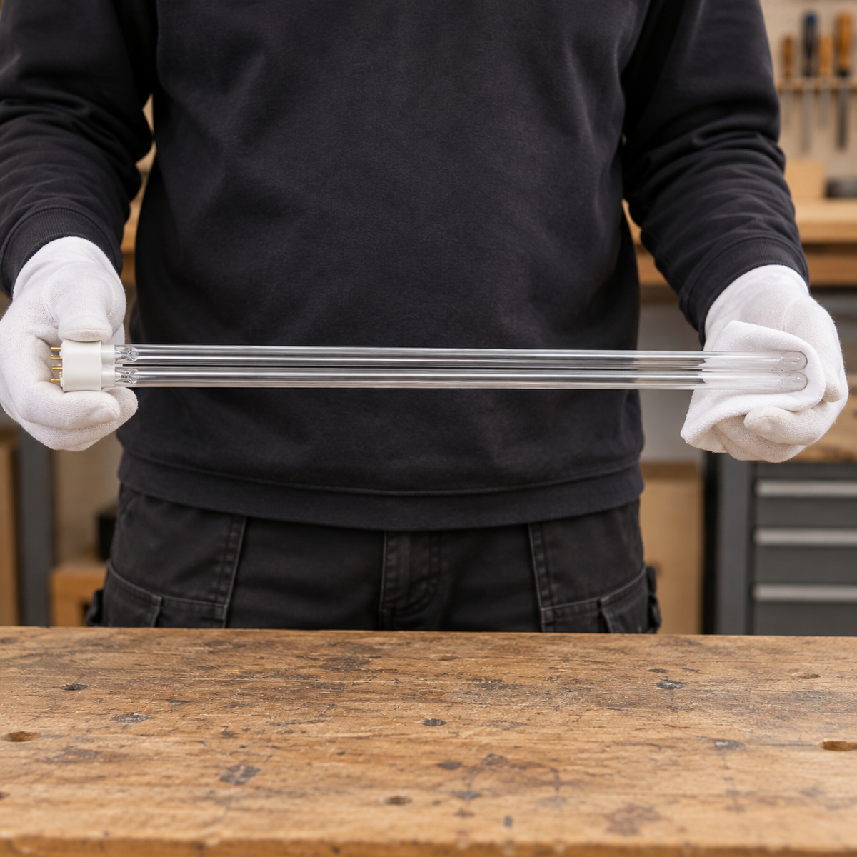 Mise en situation générée : inspection d’une lampe UV-C PL-L éteinte avec des gants propres avant remplacement.