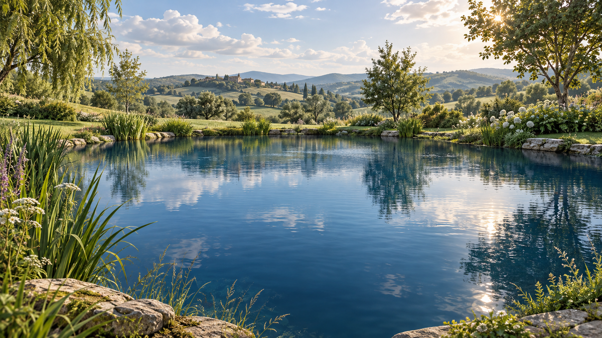 Paysage illustré d’un étang à l’eau bleutée, sans représentation d’un résultat de traitement