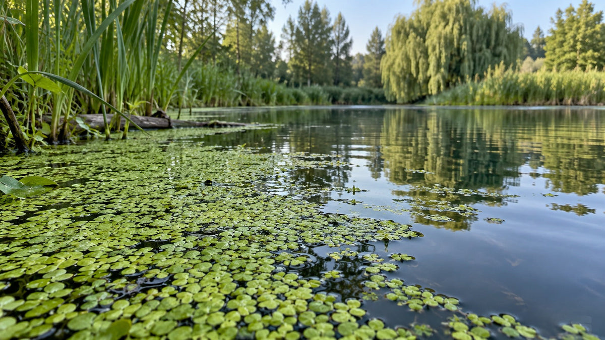 Illustration d’un étang naturel avec des lentilles d’eau au premier plan et une zone d’eau libre.