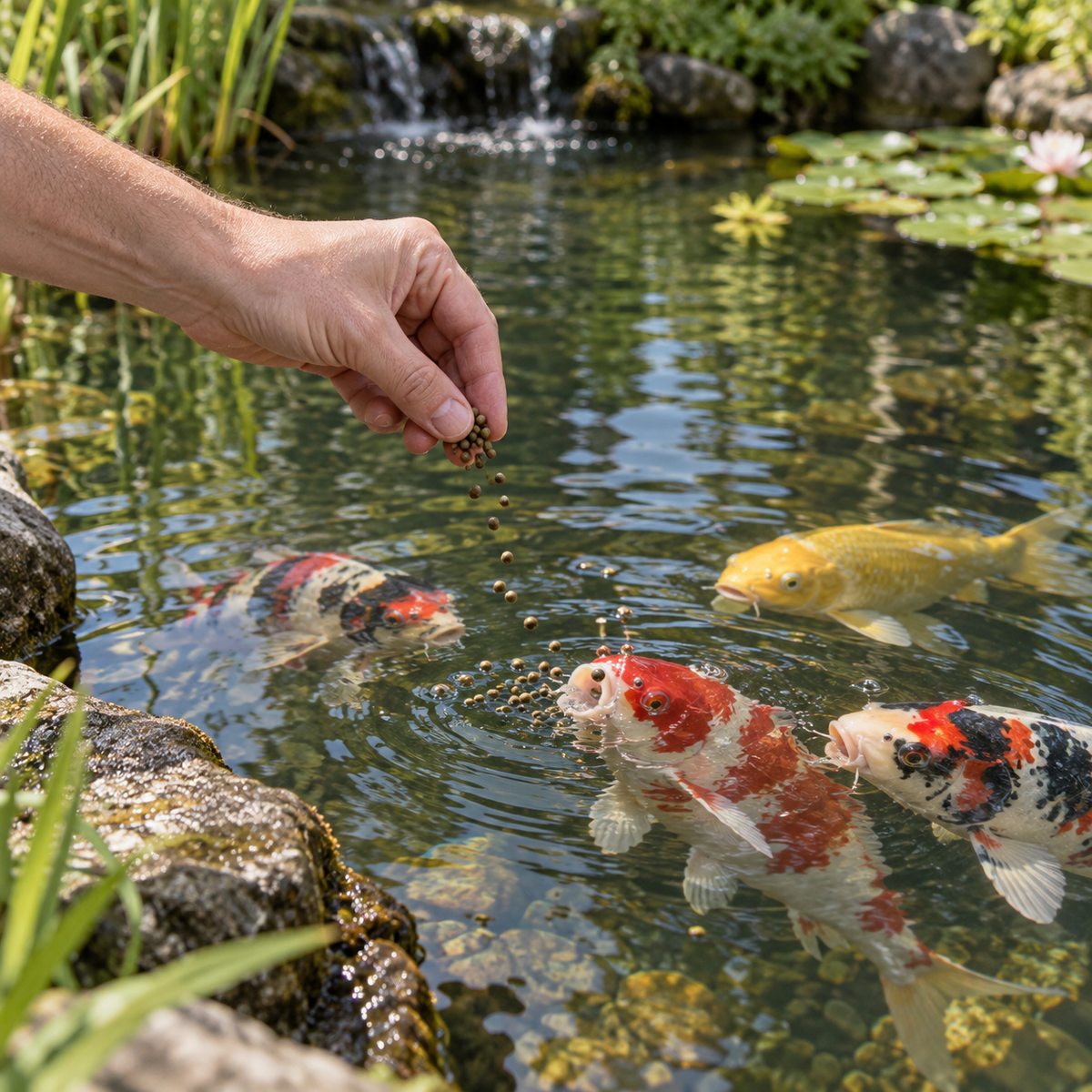 Mise en situation générée : distribution de granulés flottants Aquifood pour carpes koïs au bord du bassin.