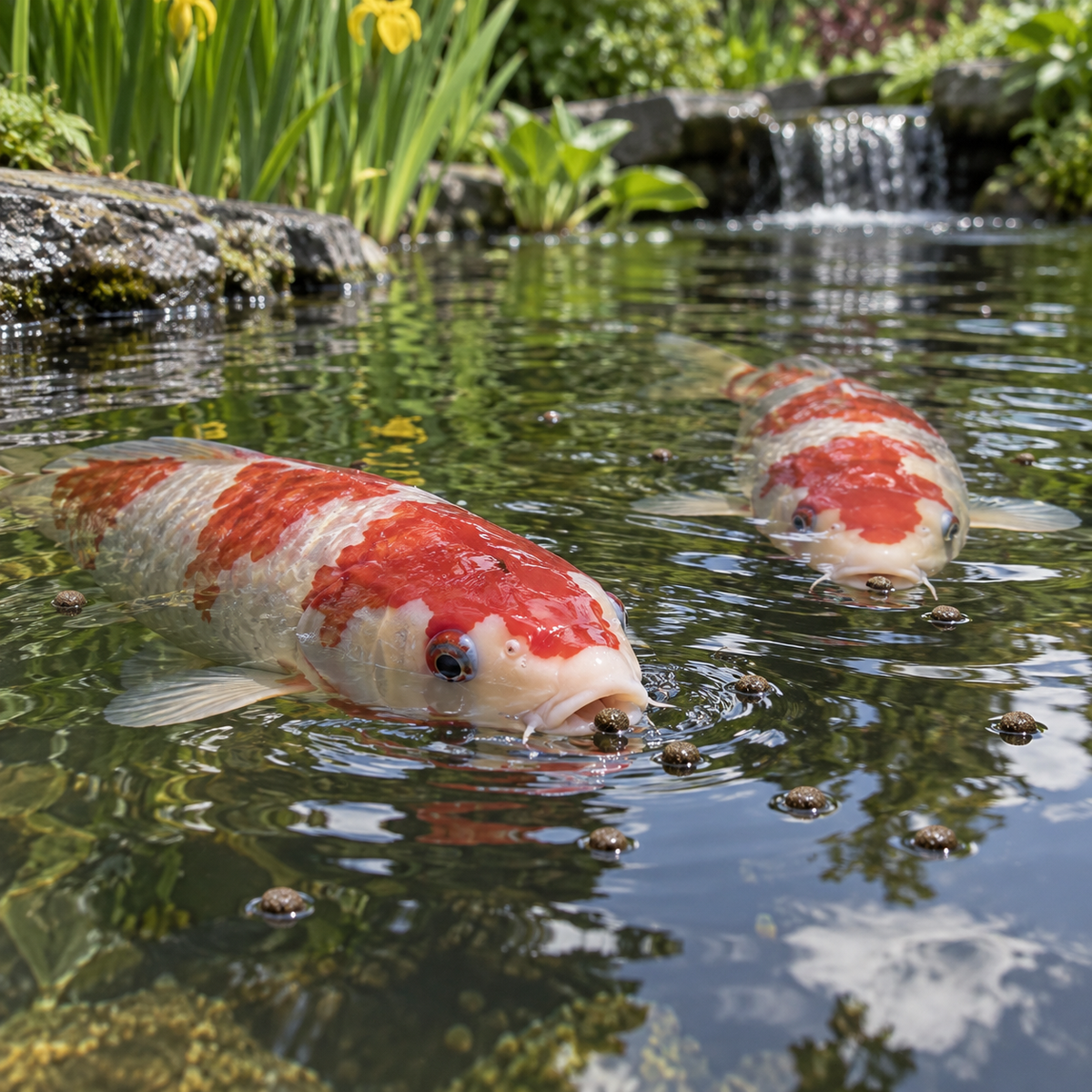 Mise en situation générée : carpes koïs prenant des granulés flottants à la surface du bassin.