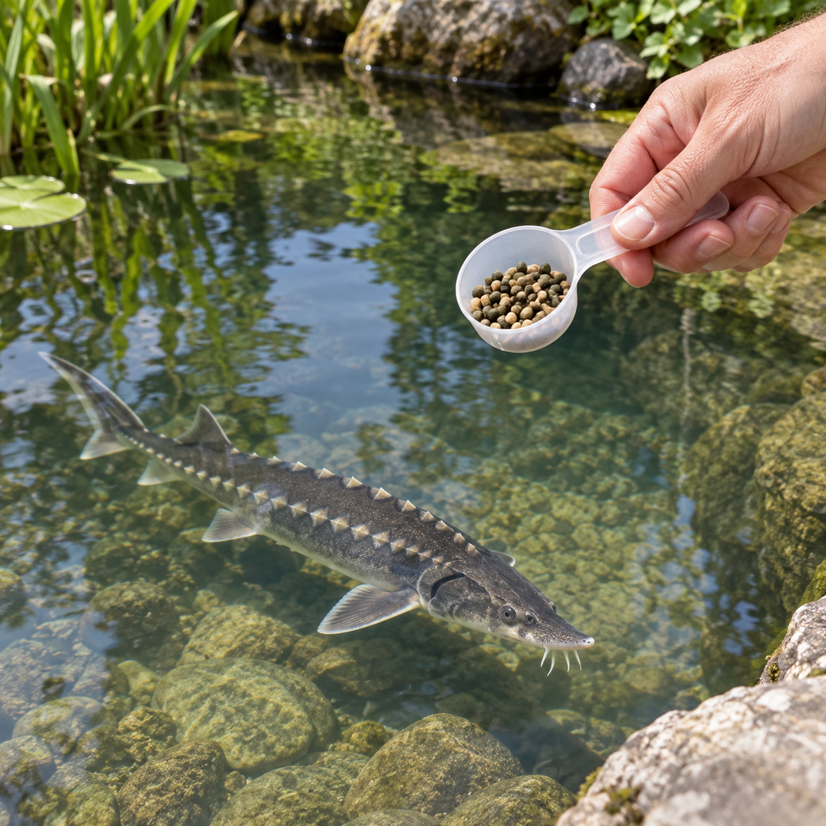 Mise en situation générée : préparation d’une petite ration de granulés Aquifood Esturgeon au bord du bassin.