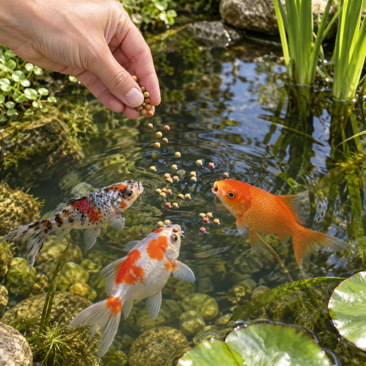 Mise en situation générée : distribution de granulés flottants Aquifood Pond Fish Food Mix aux poissons rouges.
