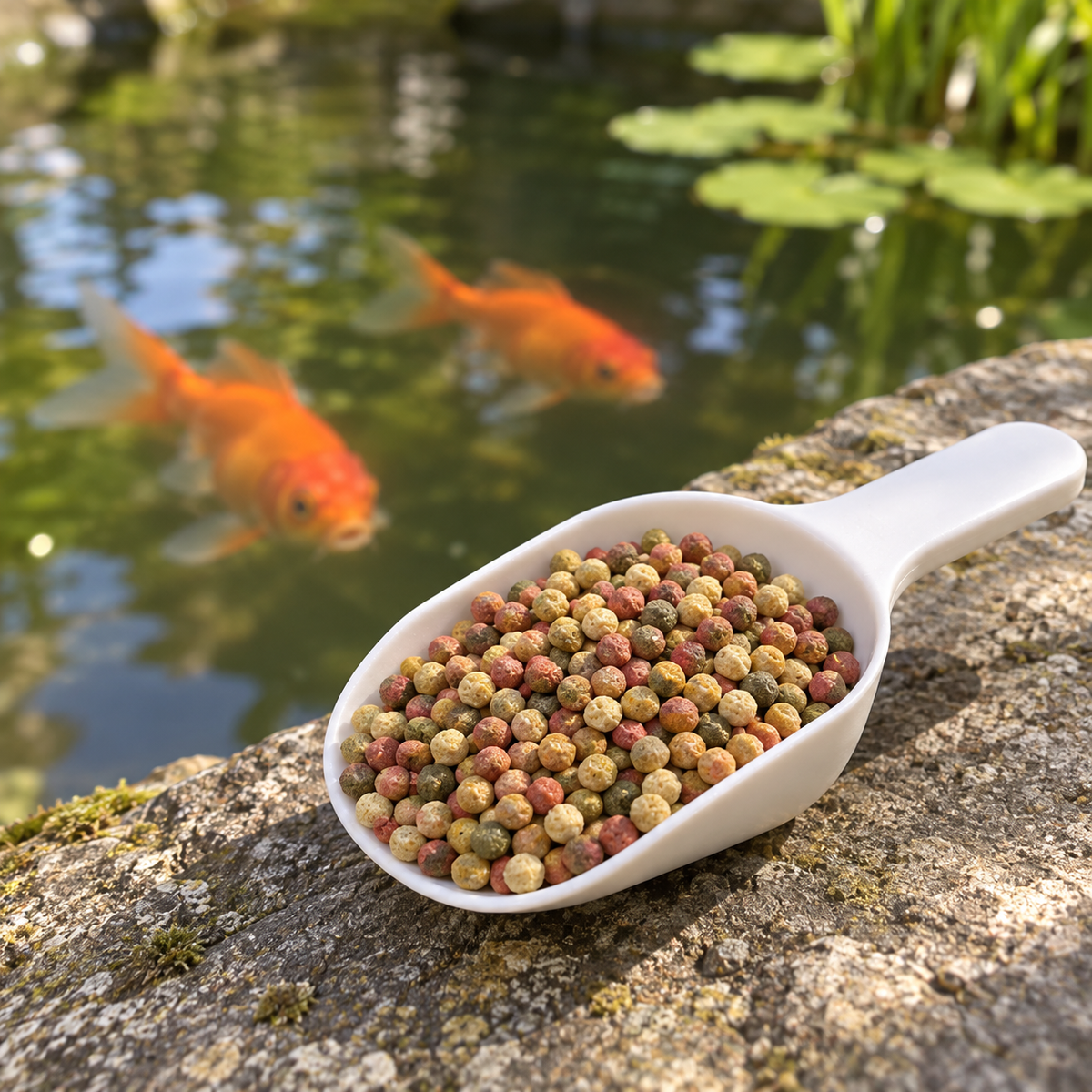 Mise en situation générée : détail d’une portion de granulés multicolores pour poissons rouges au bord du bassin.