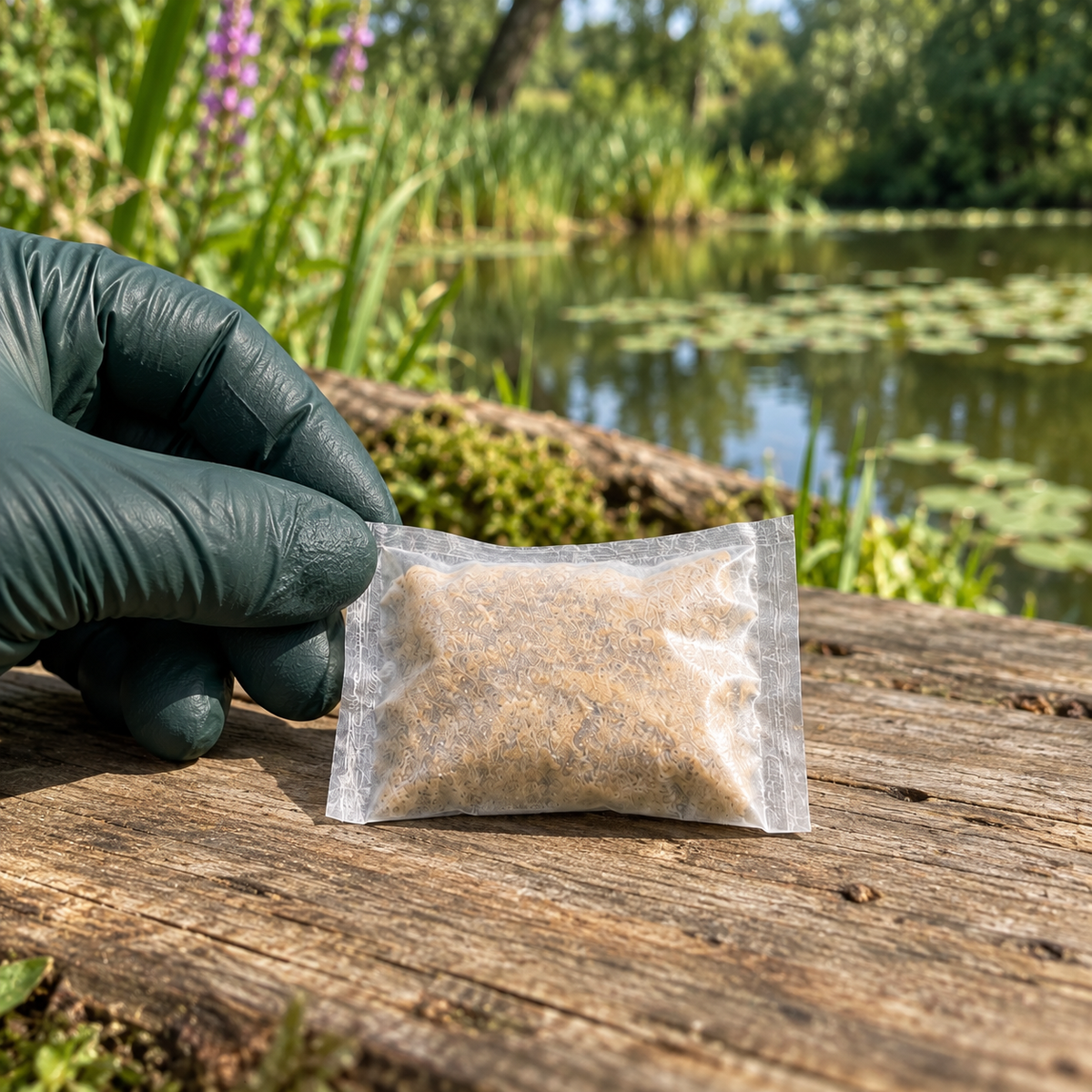 Mise en situation générée : gros plan d’un sachet soluble Bacto Lake fermé, au bord d’un étang.