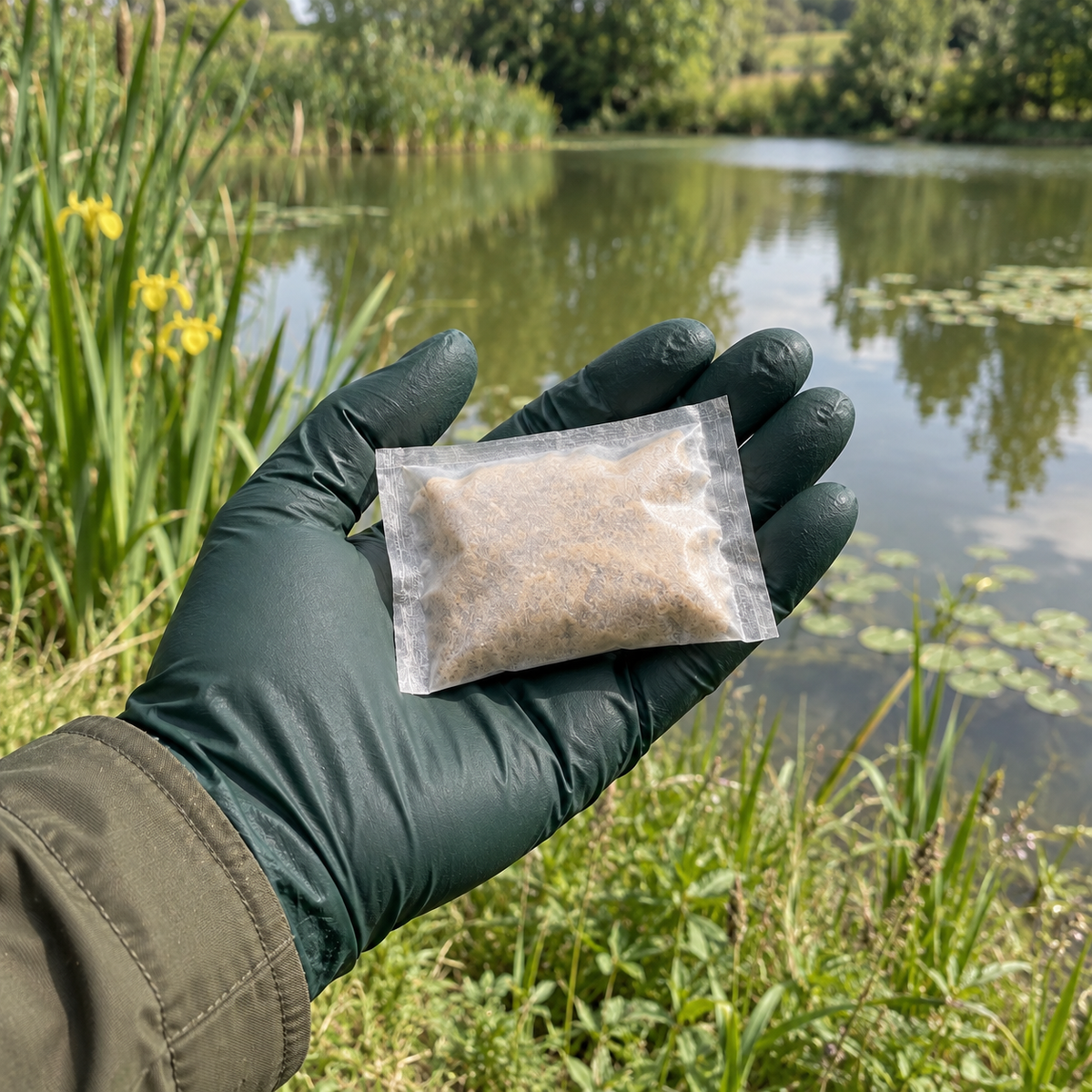 Bacto Lake : illustration d’un sachet hydrosoluble tenu dans une main gantée avant utilisation.