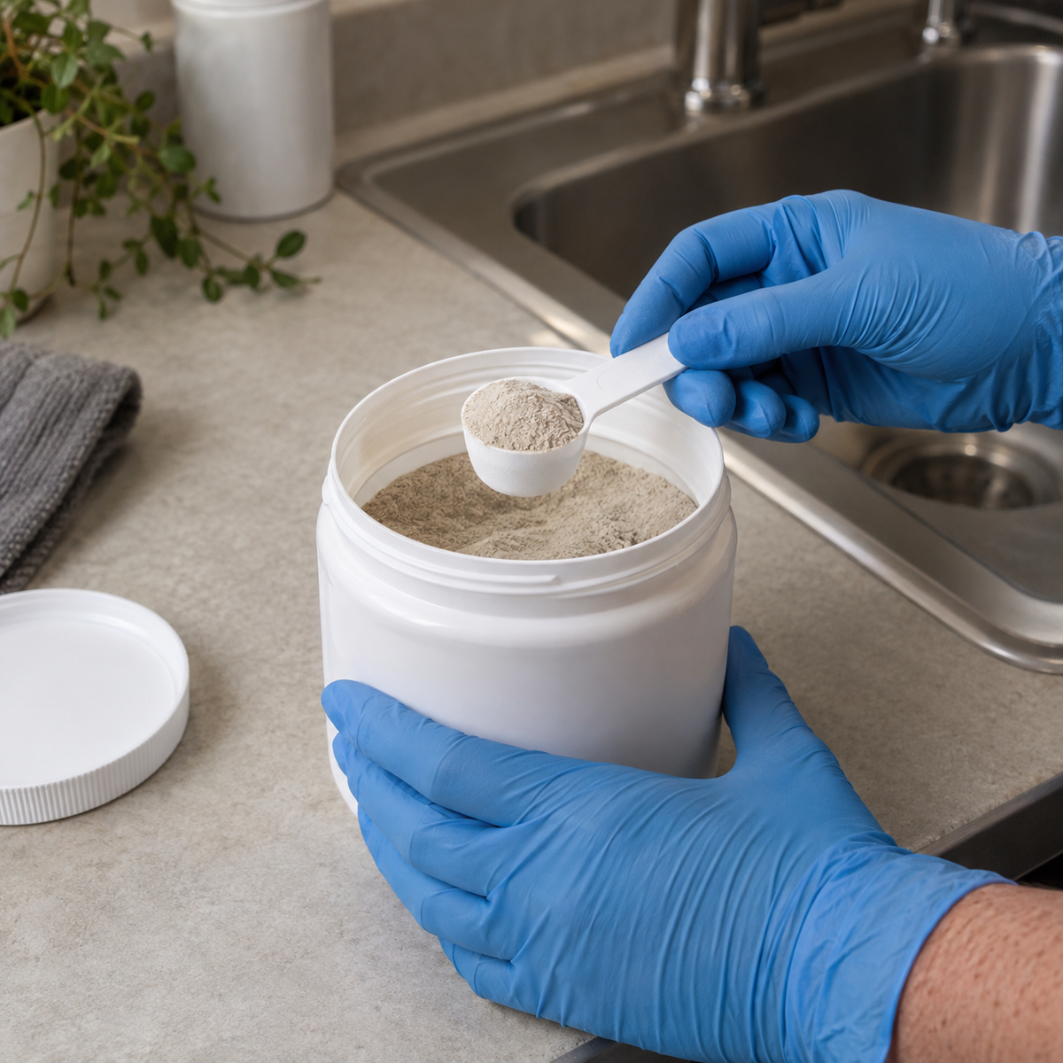 Mise en situation générée : préparation d’une petite dose de poudre biologique pour l’entretien des canalisations.