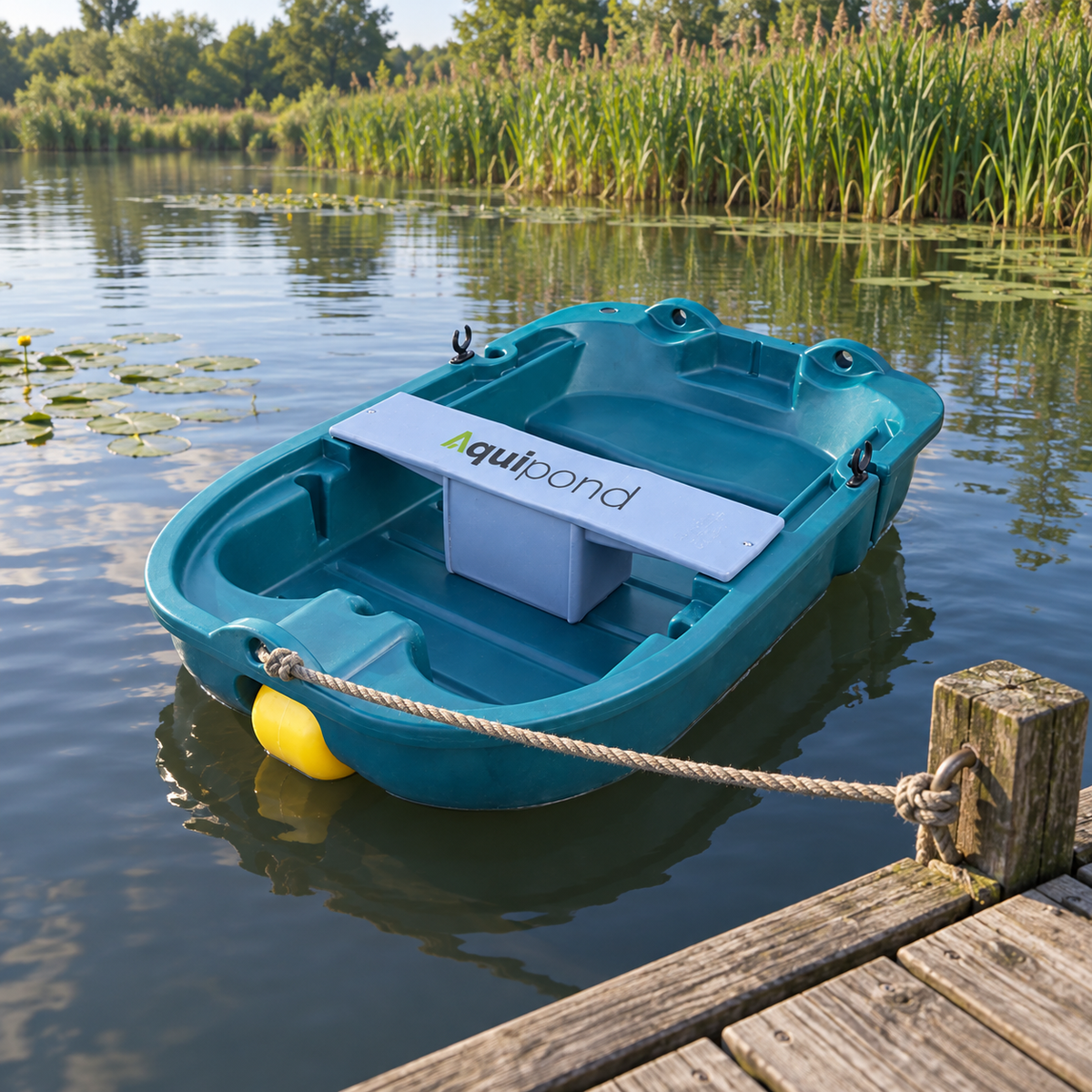 Mise en situation générée : barque Aquipond à fond plat amarrée près d’un ponton.