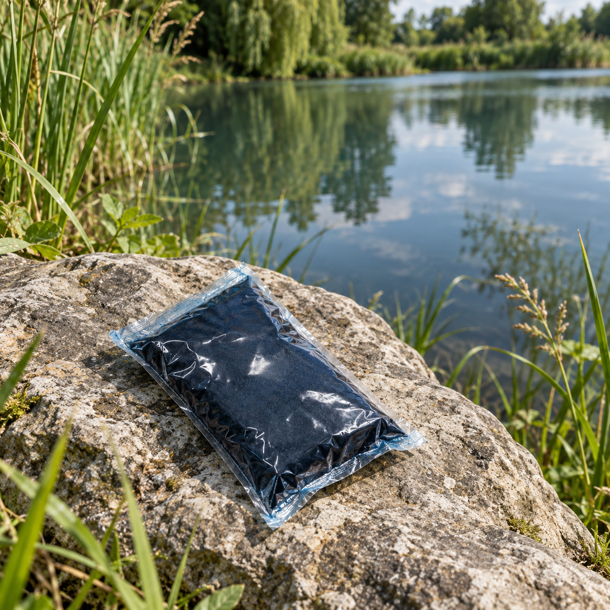 Blue Lake : illustration d’un sachet hydrosoluble bleu fermé au bord d’un étang naturel.