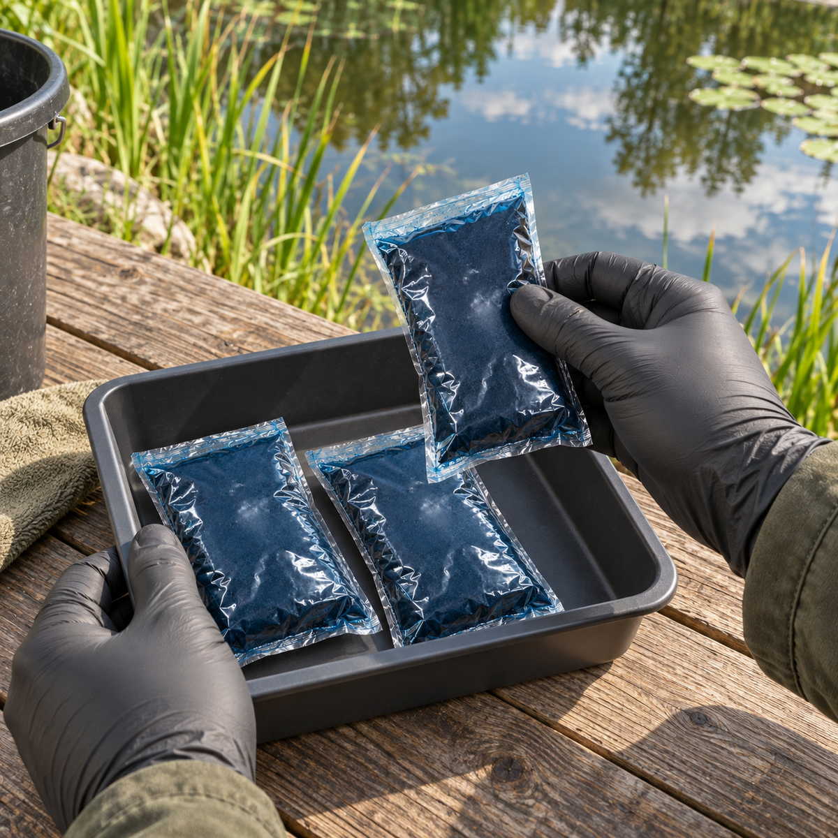 Mise en situation générée : préparation des sachets Blue Lake au sec avant utilisation.