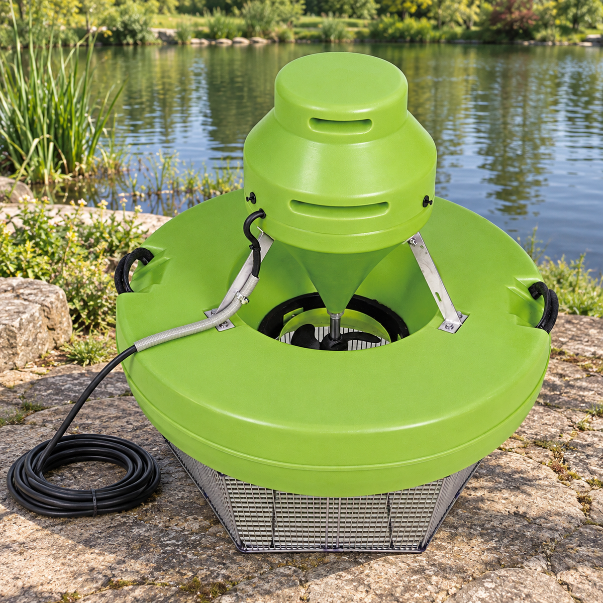 Mise en situation générée : émulseur Aquitechnics vert hors tension avant sa mise à l’eau.