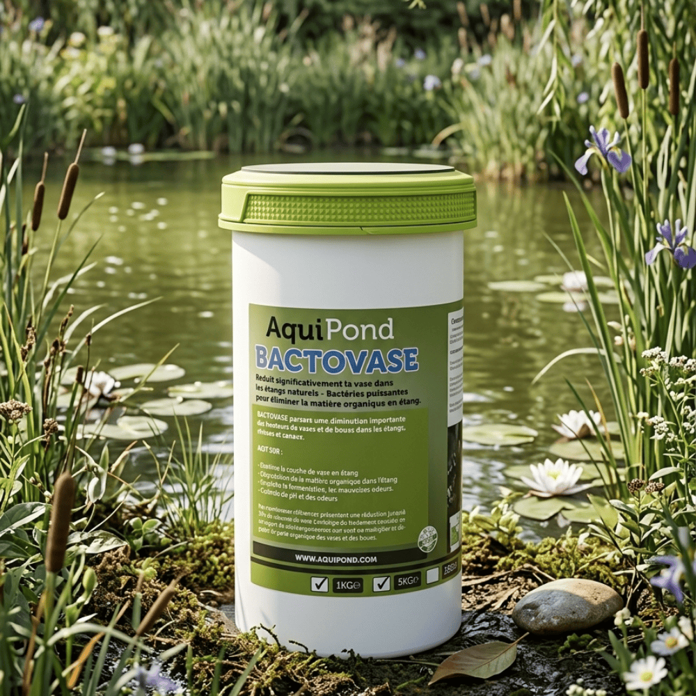 Aquipond Bactovase 1 kg posé au bord d’un étang