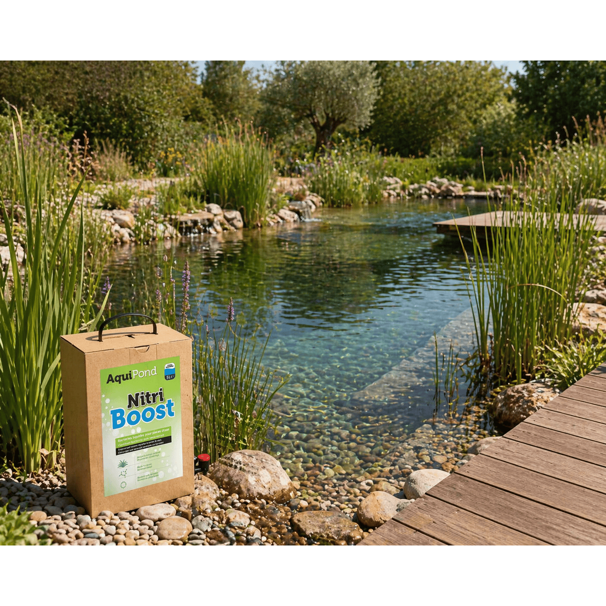 Conditionnement Aquipond NitriBoost 5 litres au bord d’un étang