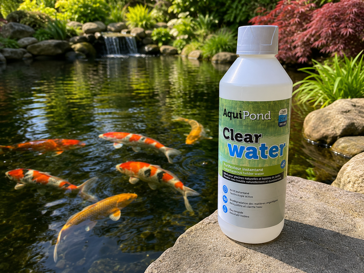 Flacon Aquipond Clear Water pour 25 m³ près d’un bassin à koïs