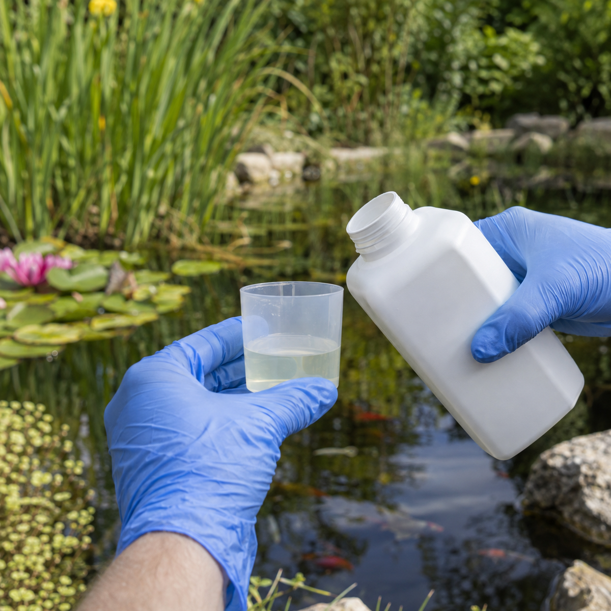 Mise en situation générée : préparation d’une dose de traitement liquide pour bassin.